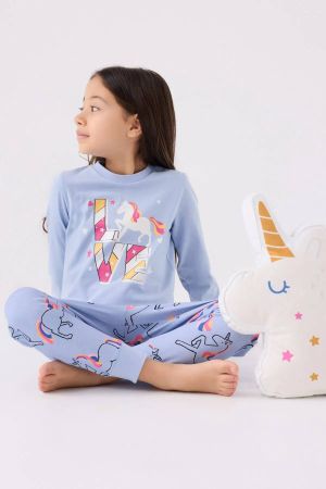 Rolypoly Kız Çocuk Mavi Uzun Kol Unicorn Pijama Takım - Thumbnail